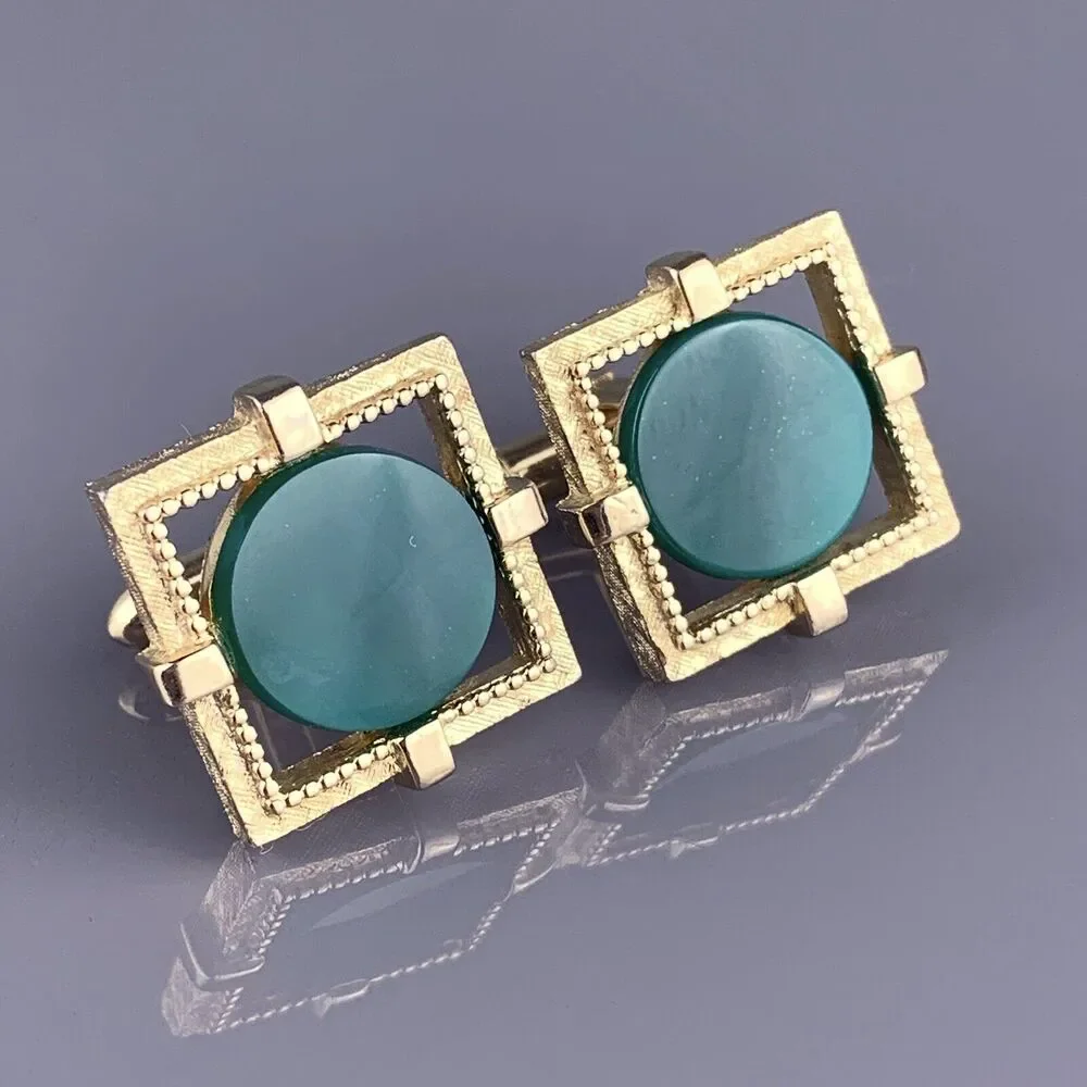 Green Jade Nephrite Stone Cufflinks Gold Plated Open Frame Square Swank Vintage